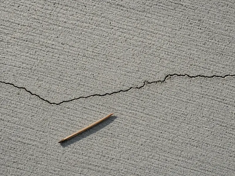 Thin, flat shrinkage crack wandering across broom-finished concrete with a dry twig beside it for scale