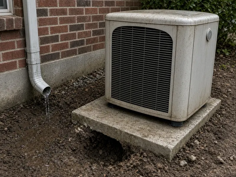 Air conditioner condenser on a small concrete pad that has tilted where soil washed out beside a dripping downspout