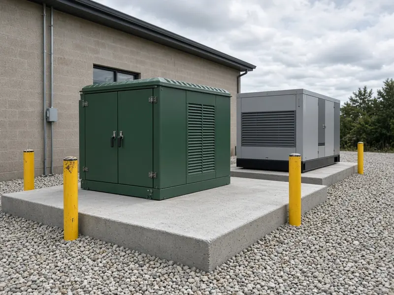 Thick concrete equipment pads holding a green transformer cabinet and a gray generator, with yellow bollards and crushed stone, behind a commercial building