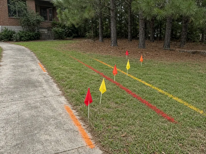 Utility locate flags and painted lines in red, yellow and orange across a lawn beside an old concrete walk
