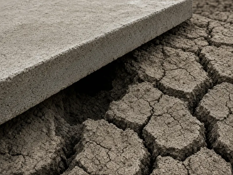 Edge of a concrete slab with an open void beneath it where dry clay soil has shrunk and cracked