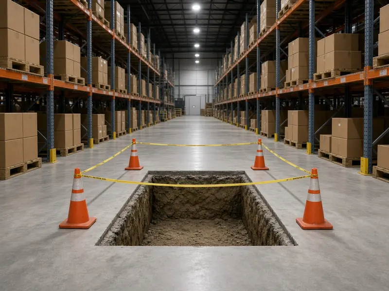 Saw-cut section of a warehouse drive aisle removed down to the base, ringed with cones and caution tape between stocked pallet racks