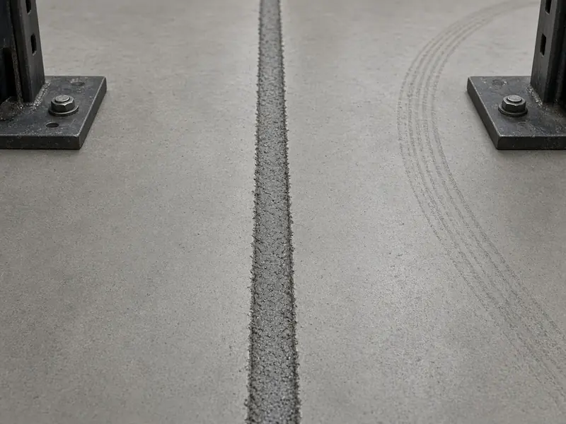 Filled saw-cut joint running between bolted pallet rack base plates on a smooth warehouse floor
