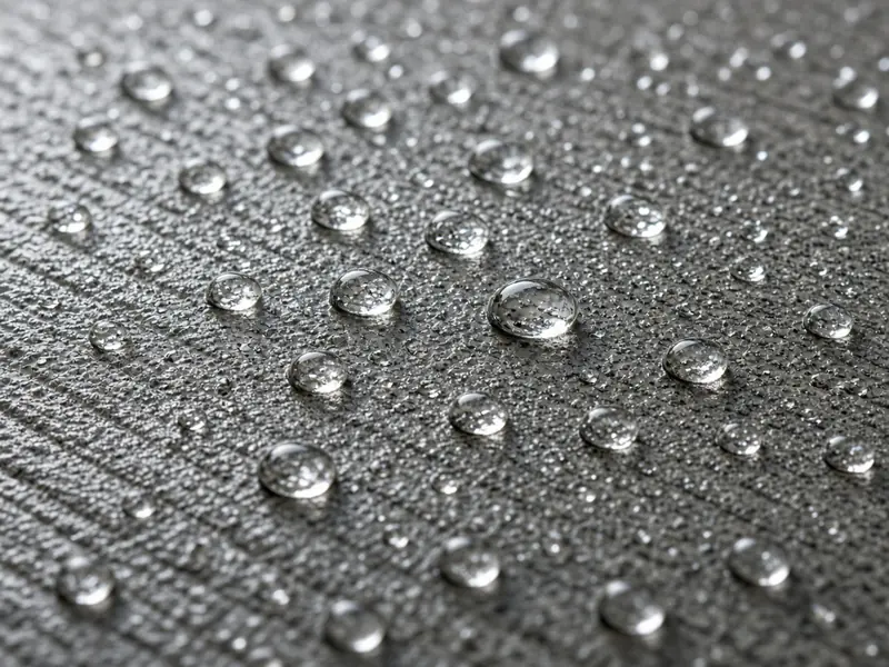 Water droplets beading up on freshly sealed broom-finish concrete