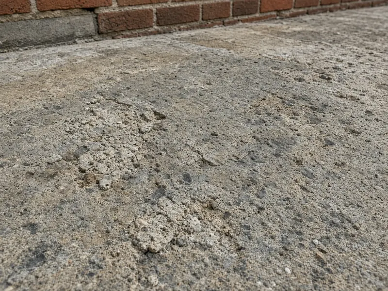 Worn, pitted and flaking concrete surface that is still flat, beside a brick wall